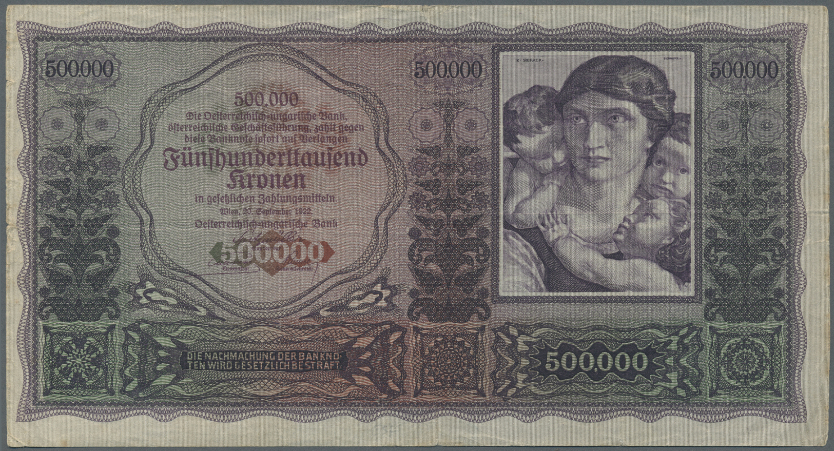 00180 Austria / Österreich: 500.000 Kronen 1922 P. 84, Used With Several Folds And Creases, Stronger Center Fold, Minor - Austria