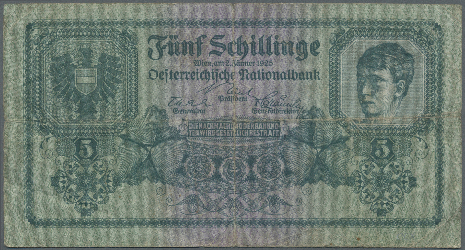 00182 Austria / Österreich: 5 Schillinge 1925 P. 88, Used With Very Strong Folds In Paper, Several Small Holes, No Repai - Austria
