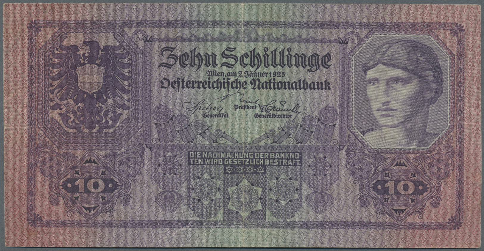 00183 Austria / Österreich: 10 Schillinge 1925 P. 89, Used With Strong Center Fold, Horizontal Fold, One Minor Hole And - Austria