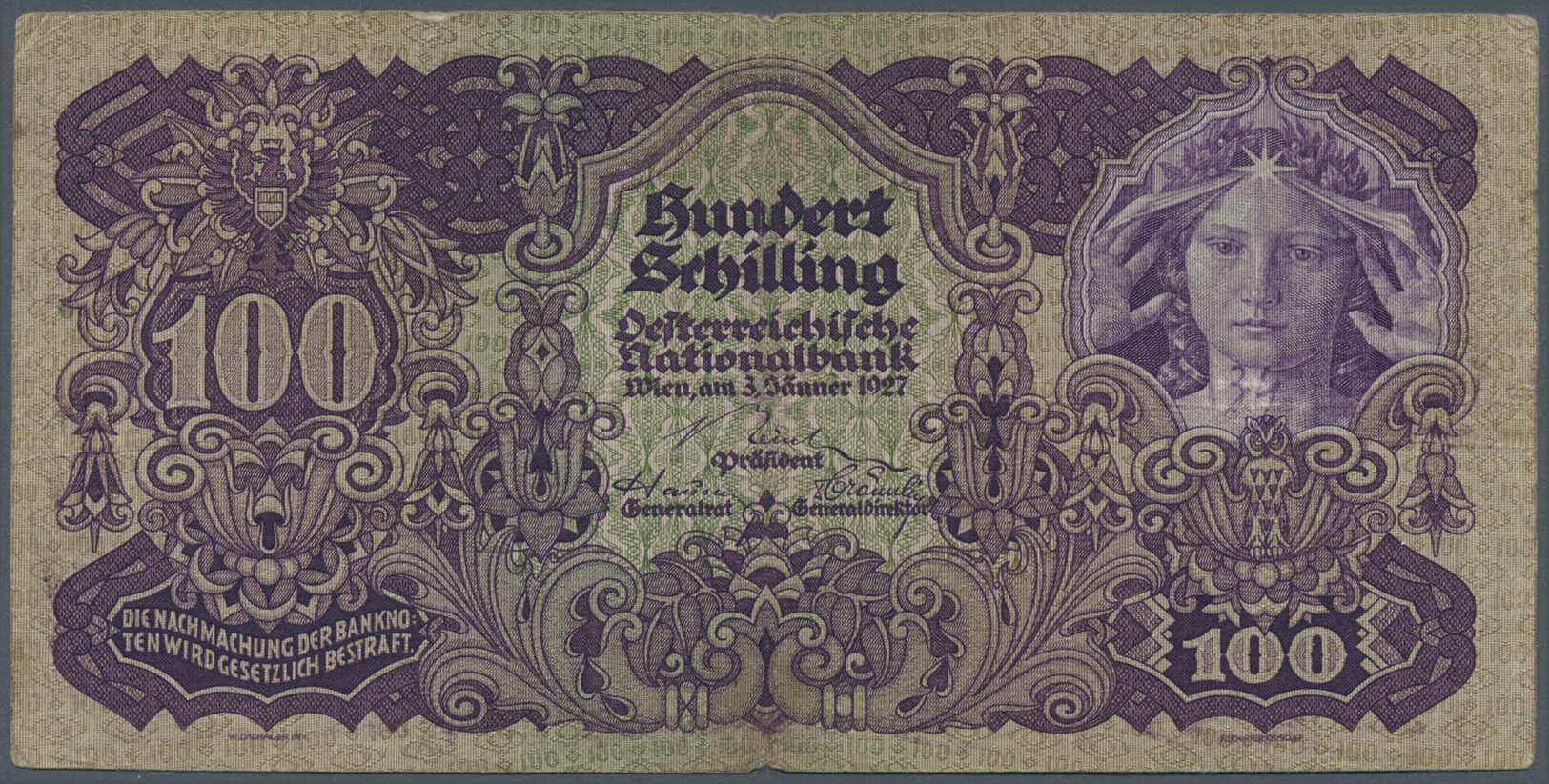 00185 Austria / Österreich: 100 Schilling 1927 P. 97, Used With Stronger Center Fold, Center Hole, Borders A Bit Worn In - Austria