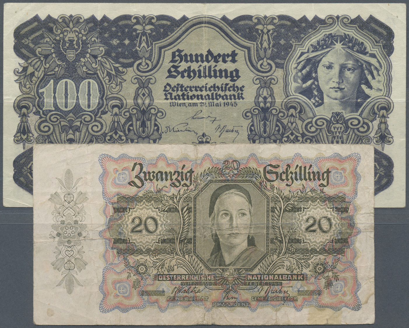 00187 Austria / Österreich: Set Of 2 Notes Containing 100 Schilling 1945 P. 118 (F+) And 20 Schilling 1946 P. 123 (F-), - Austria