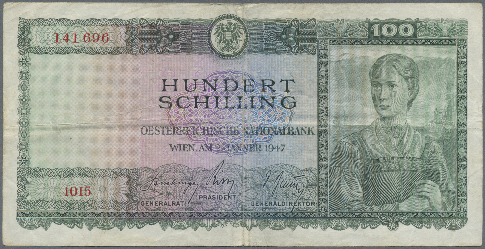 00190 Austria / Österreich: 100 Schilling 1947, P.124, Stained Paper With Several Folds And Tiny Tears At Upper And Lowe - Austria
