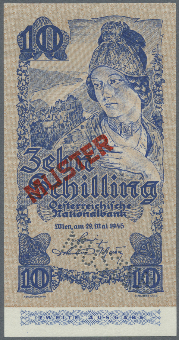 00199 Austria / Österreich: Austria: 10 Schilling 1945, 2nd Issue (2. Ausgabe) Specimen P. 225s, With "Muster" Overprint - Austria