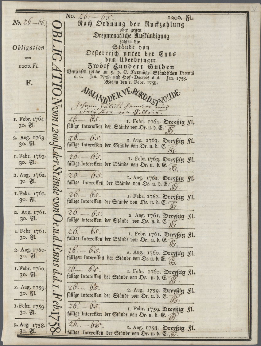 00203 Austria / Österreich: Obligation Österreich Unter Der Enns 1200 Gulden 1763, Complete Sheet, Unfolded, In Conditio - Austria