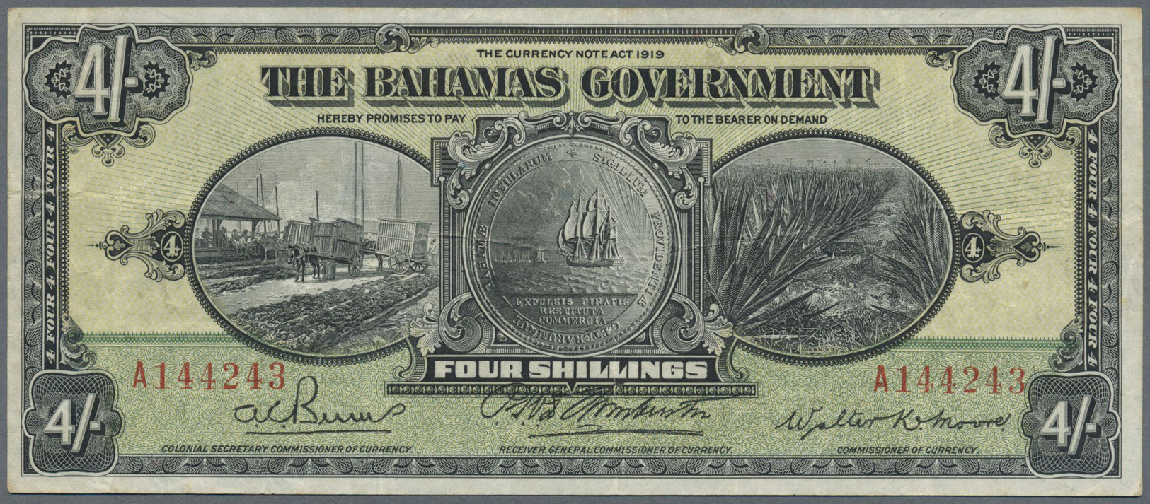 00213 Bahamas: Bahamas: 4 Shillings L.1919, Signature BURNS At Left, P.2b In Nice Original Condition With Bright Colors - Bahamas