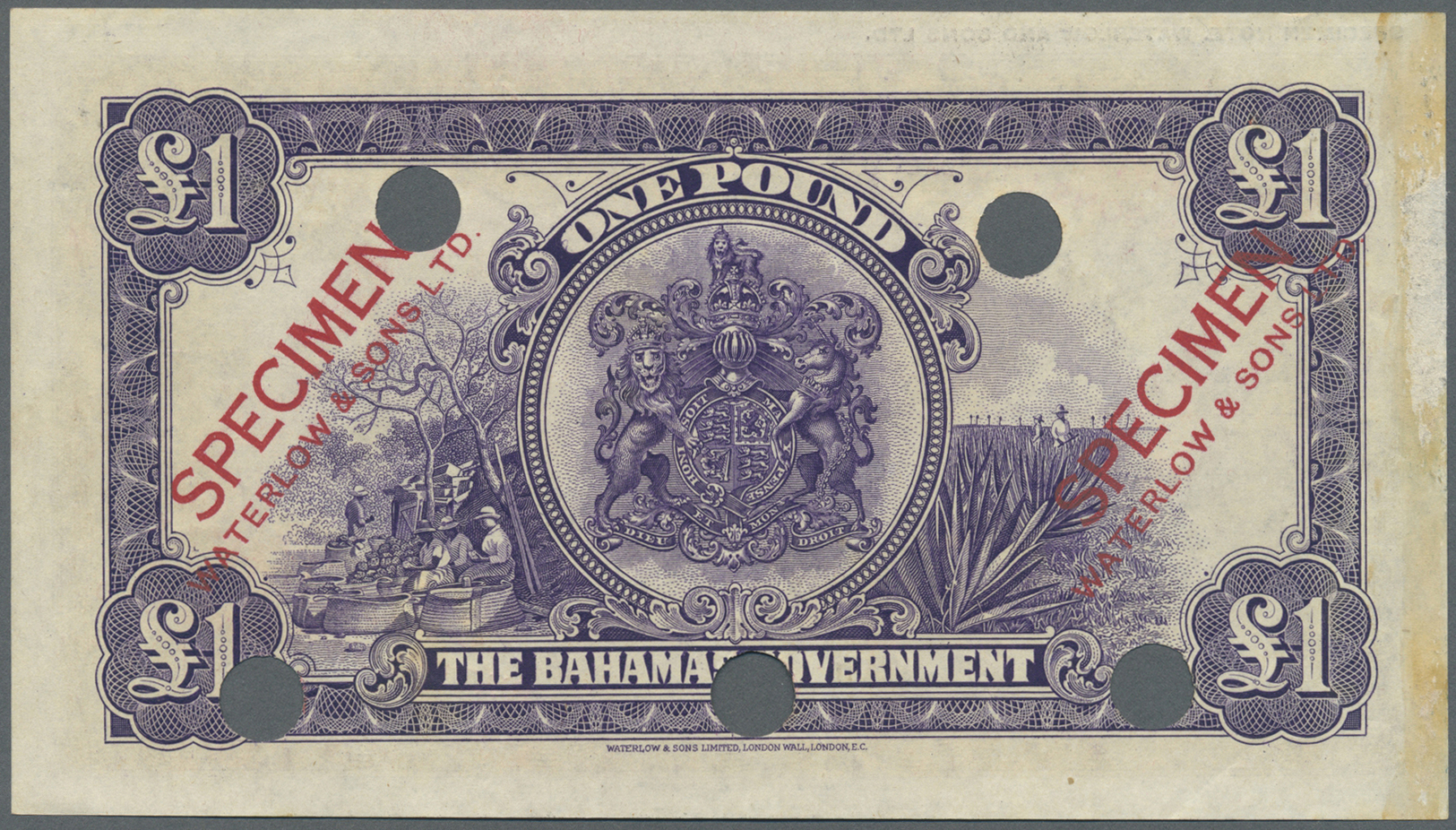 00214 Bahamas: 1 Pound L.1919 Color Trial Specimen By Waterlow & Sons Ltd. In Lilac Color, P.7cts, Punch Hole Cancellati - Bahamas
