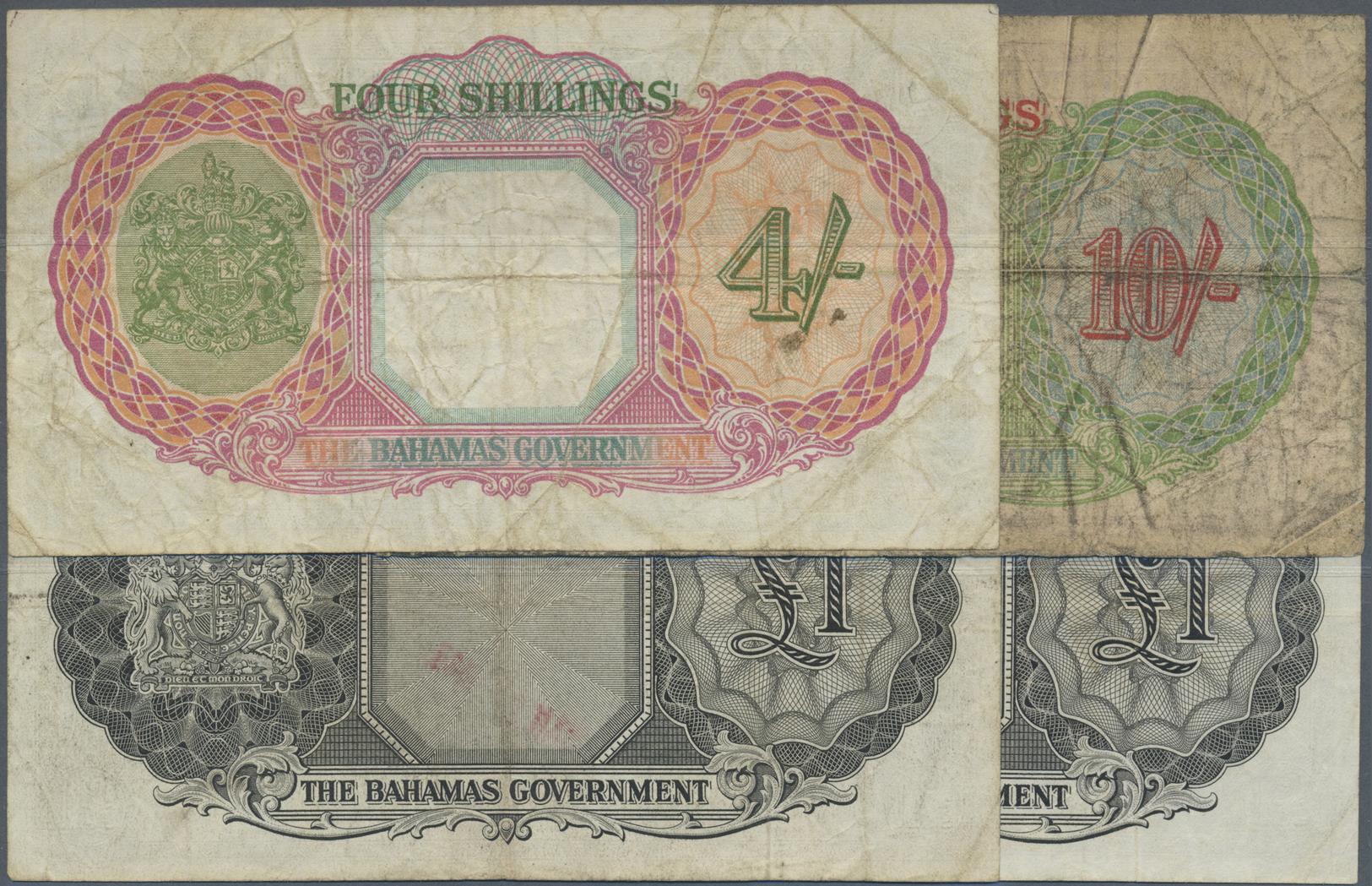 00215 Bahamas: Set Of 4 Notes Containing 10 Shillings Portrait KGVI, 4 Shillings Portrait KGVI And 2x 1 Pound Portrait Q - Bahamas