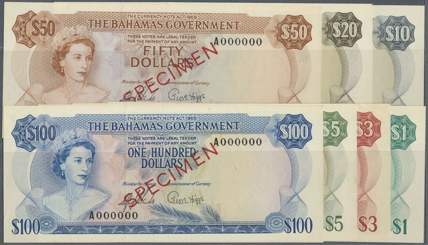 00219 Bahamas: Rare Set Of 7 SPECIMEN Banknotes Containing 1, 3, 5, 10, 20, 50 And 100 Dollars ND(1965) SPEICMEN P. 18s- - Bahamas