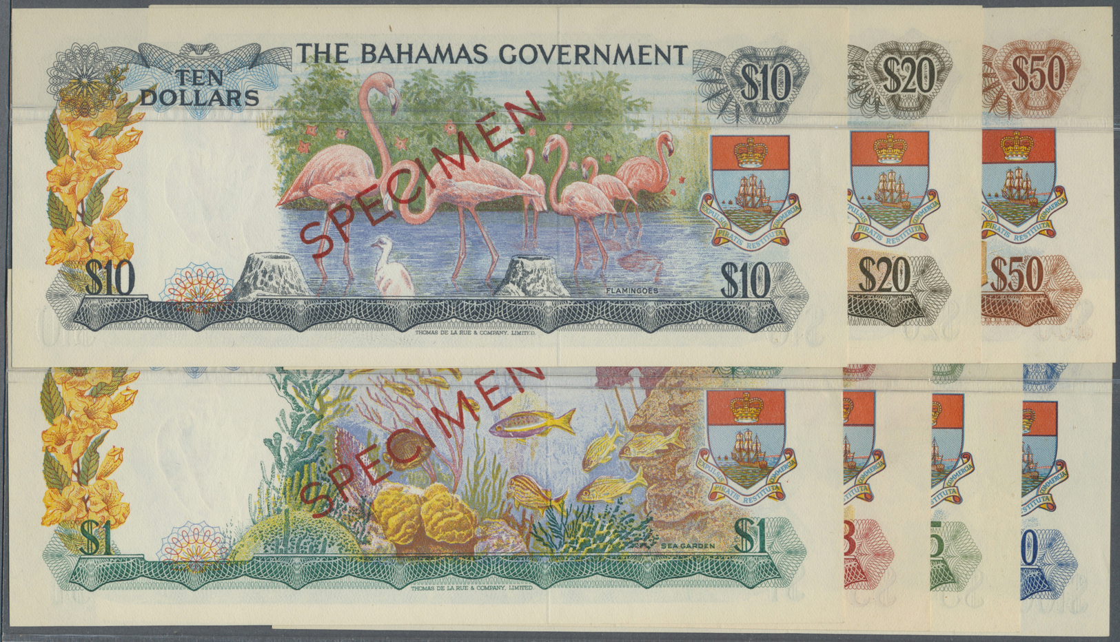 00219 Bahamas: Rare Set Of 7 SPECIMEN Banknotes Containing 1, 3, 5, 10, 20, 50 And 100 Dollars ND(1965) SPEICMEN P. 18s- - Bahamas