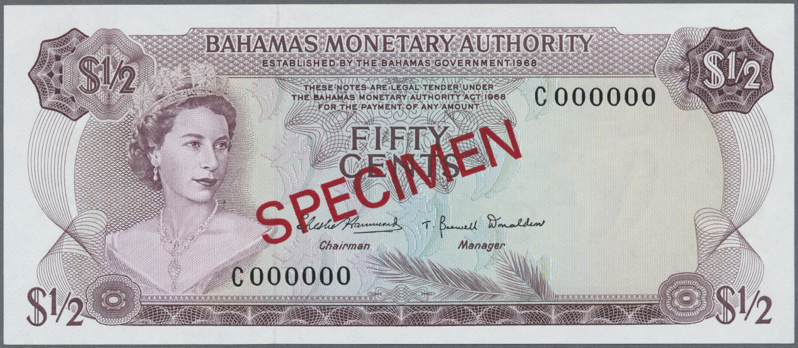 00221 Bahamas: 1/2 Dollar L.1968 Specimen P. 26s, Zero Serial Numbers, Red Specimen Overprint, Condition: UNC. - Bahamas