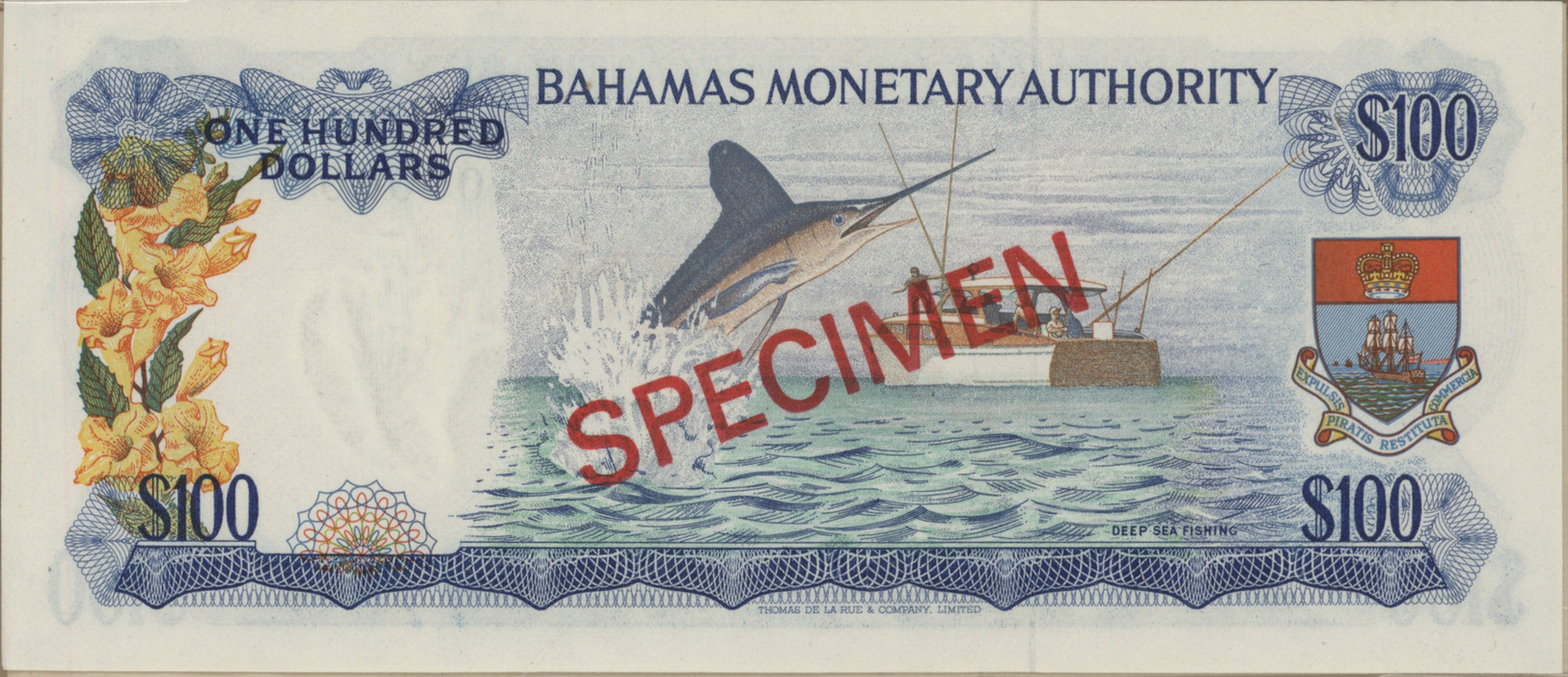 00222 Bahamas: complete set of 8 Specimen notes from 1/2 to 100 Dollars P. 26s-33s without cancellation holes, zero seri