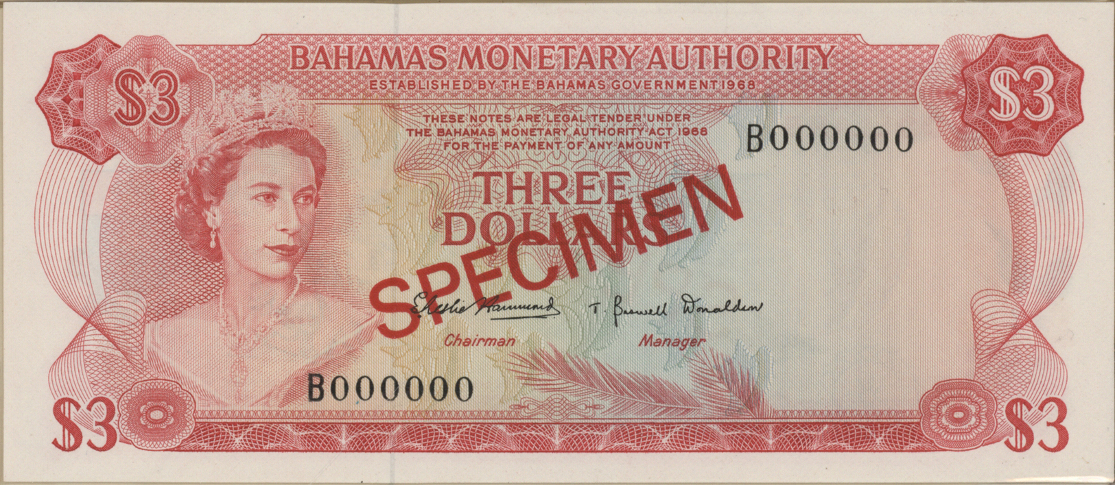 00222 Bahamas: complete set of 8 Specimen notes from 1/2 to 100 Dollars P. 26s-33s without cancellation holes, zero seri