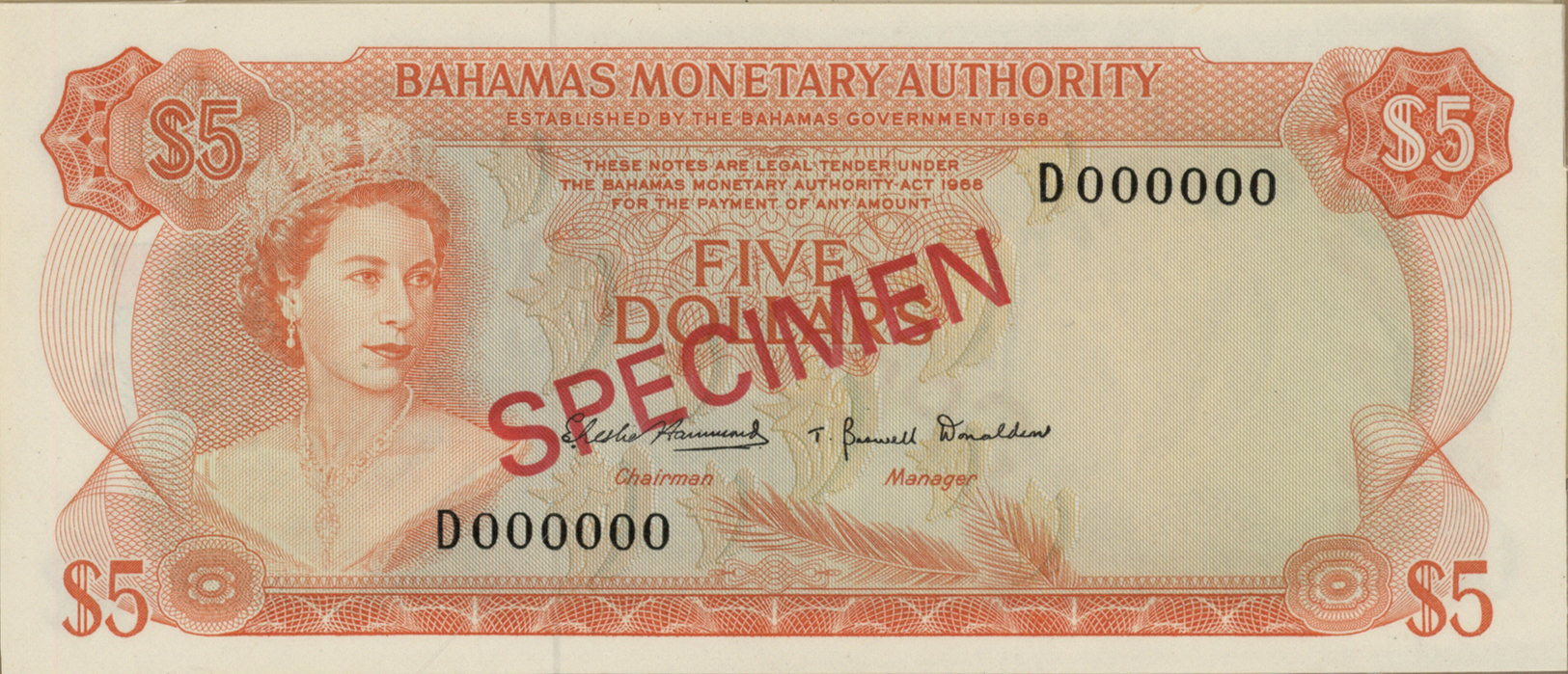 00222 Bahamas: complete set of 8 Specimen notes from 1/2 to 100 Dollars P. 26s-33s without cancellation holes, zero seri