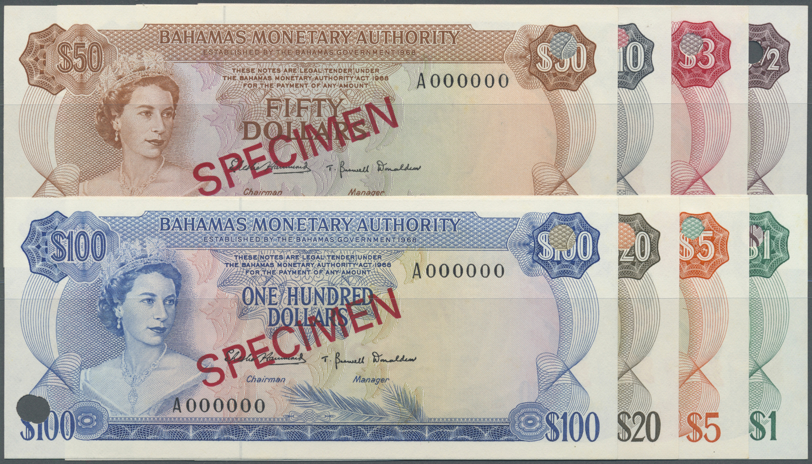 00223 Bahamas: Set Of 8 Specimen Notes With Cancellation Holes From 1 To 100 Dollars L.1968 P. 26s-33s, All In Condition - Bahamas