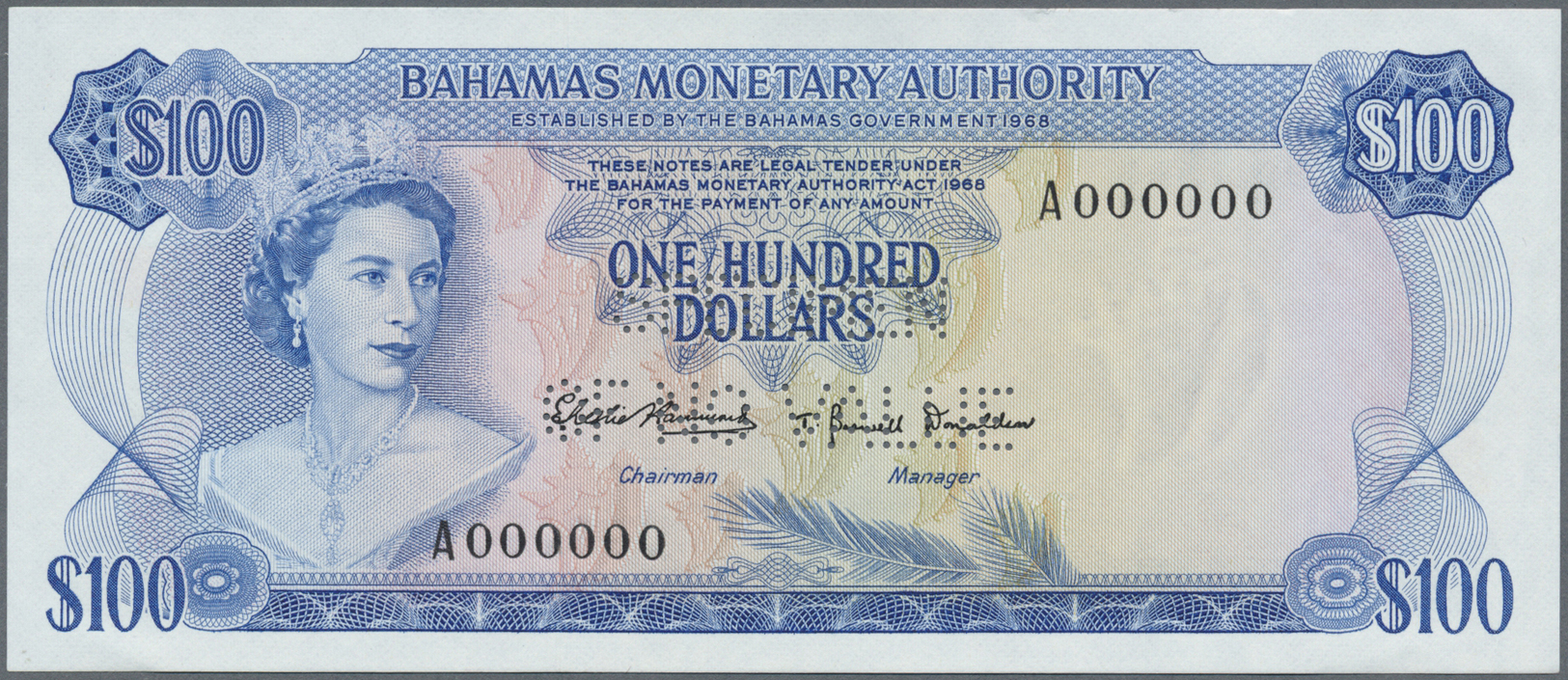 00225 Bahamas: Bahamas Monetary Authority 100 Dollars L.1986 SPECIMEN, P.33s With Perforation "Specimen Of No Value" At - Bahamas