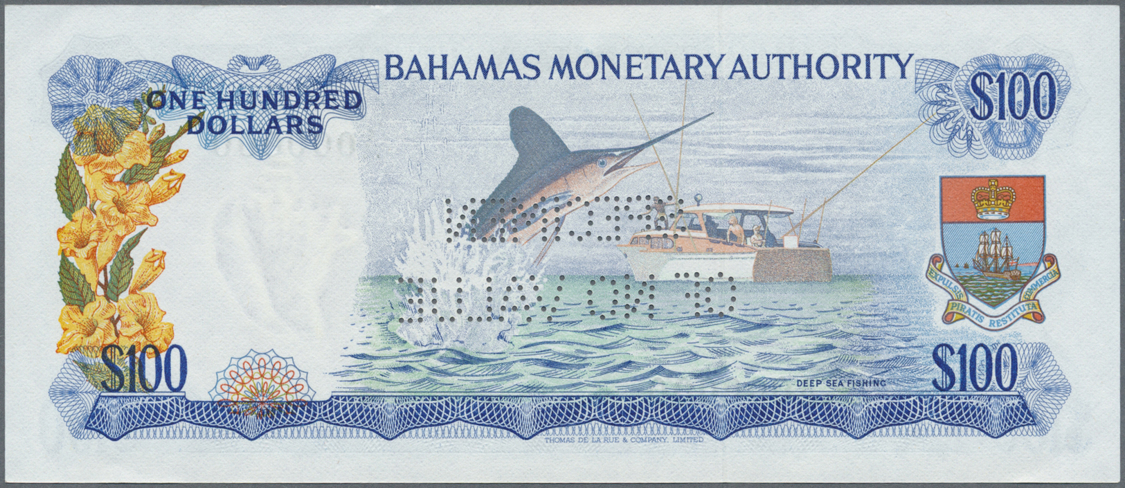 00225 Bahamas: Bahamas Monetary Authority 100 Dollars L.1986 SPECIMEN, P.33s With Perforation "Specimen Of No Value" At - Bahamas