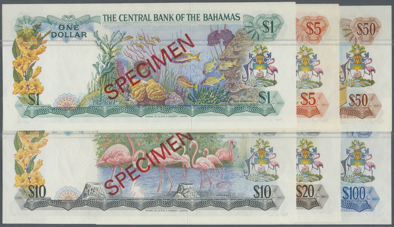 00226 Bahamas: Set Of 6 SPECIMEN Banknotes Containing 1, 5, 10, 20, 50 And 100 Dollars ND(1974) SPEICMEN, P. 35s-41s, Al - Bahamas