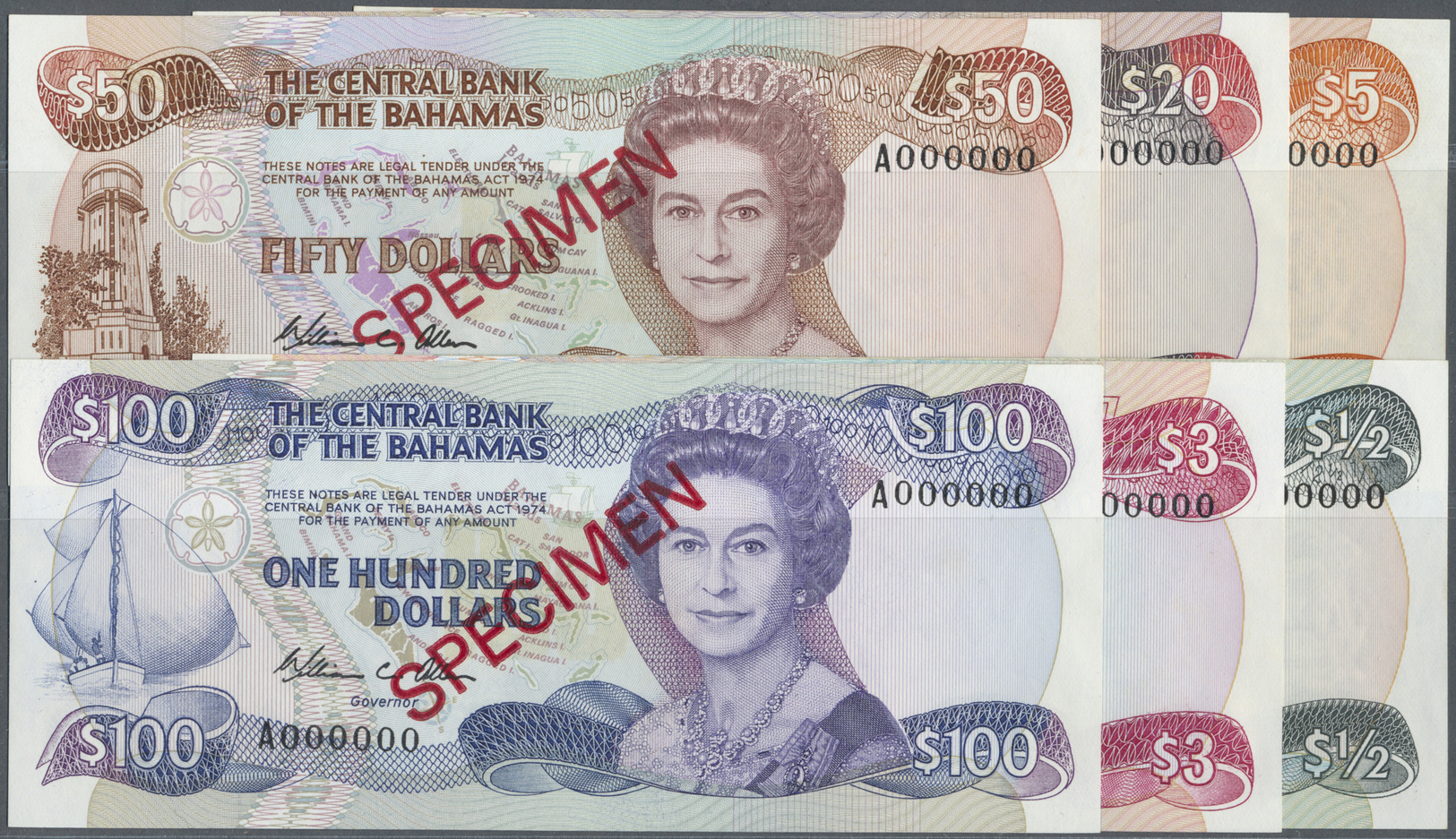 00227 Bahamas: Set Of 6 Specimen Banknotes Containing 1/2, 3, 5, 20, 50 And 100 Dollars ND(1986) Speicmen P. 42s,44s,45s - Bahamas