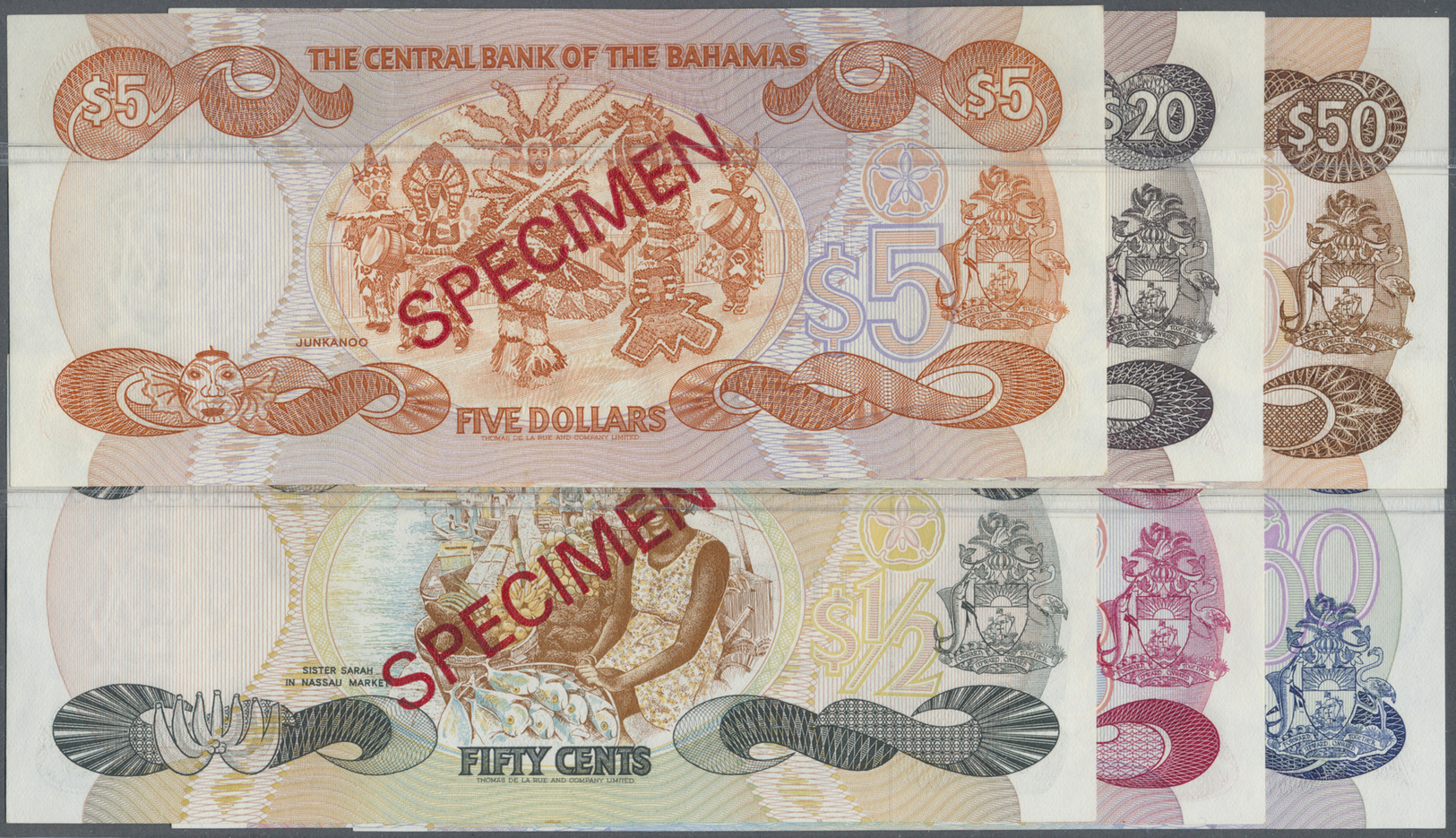00227 Bahamas: Set Of 6 Specimen Banknotes Containing 1/2, 3, 5, 20, 50 And 100 Dollars ND(1986) Speicmen P. 42s,44s,45s - Bahamas