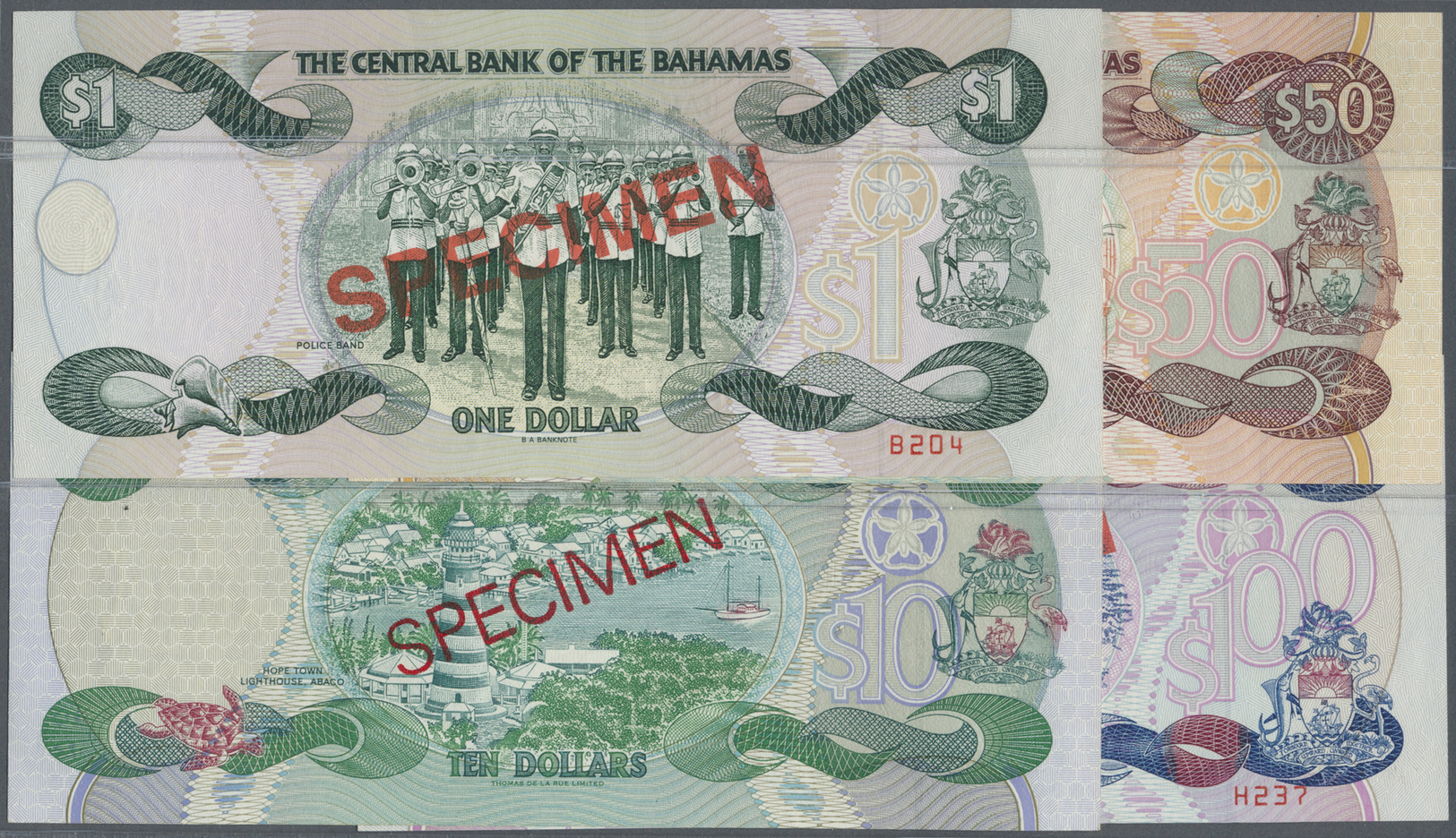 00232 Bahamas: Set Of 4 SPECIMEN Banknotes Containing 1, 10, 50 And 100 Dollars 1996 SPECIMEN P. 57s,59s,61s,62s, All In - Bahamas