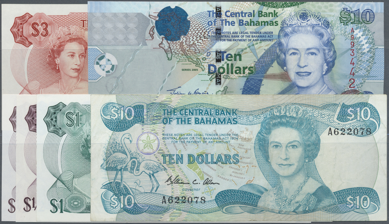 00235 Bahamas: Set Of 20 Notes Containing 50 Cents L.1968 (UNC), 1 Dollar L.1974 (aUNC), 50 Cents L.1965 (UNC), 3 Dollar - Bahamas