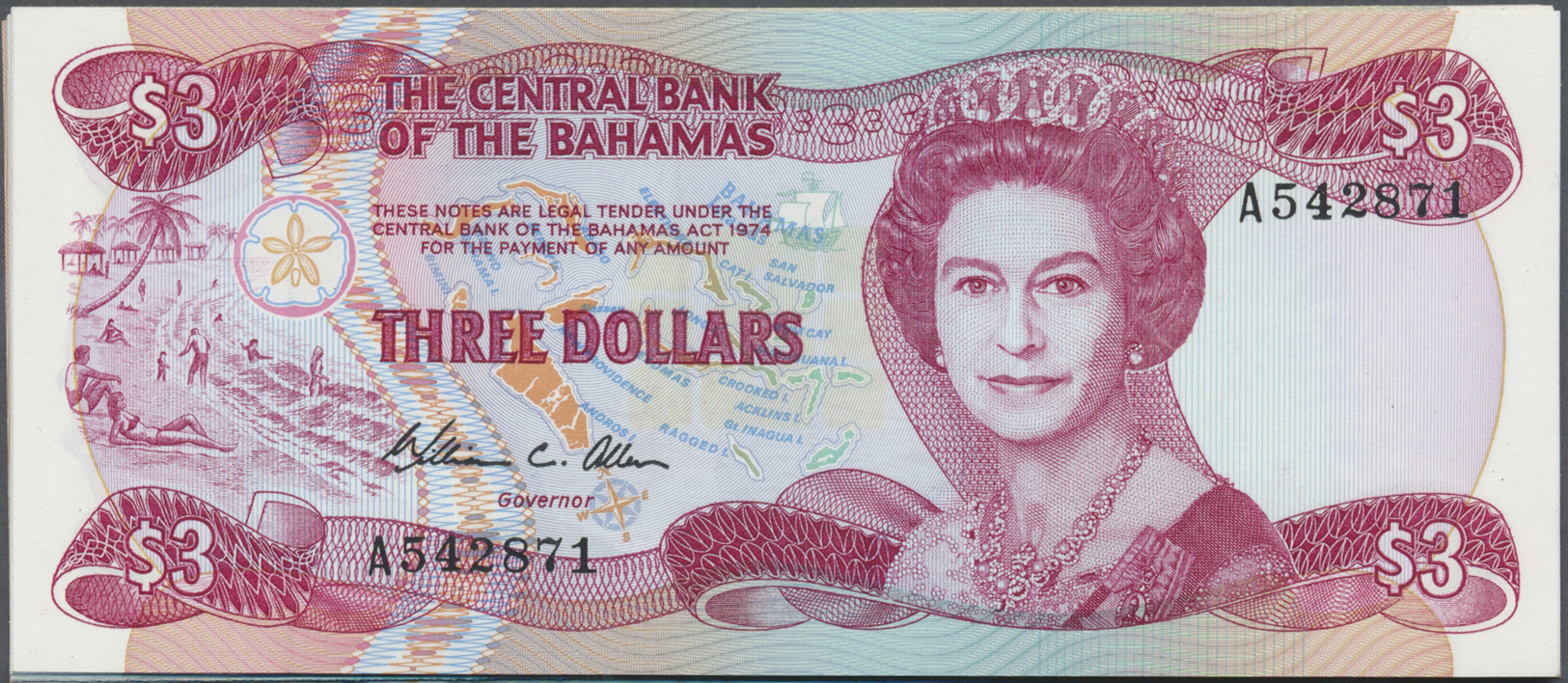 00235 Bahamas: Set Of 20 Notes Containing 50 Cents L.1968 (UNC), 1 Dollar L.1974 (aUNC), 50 Cents L.1965 (UNC), 3 Dollar - Bahamas