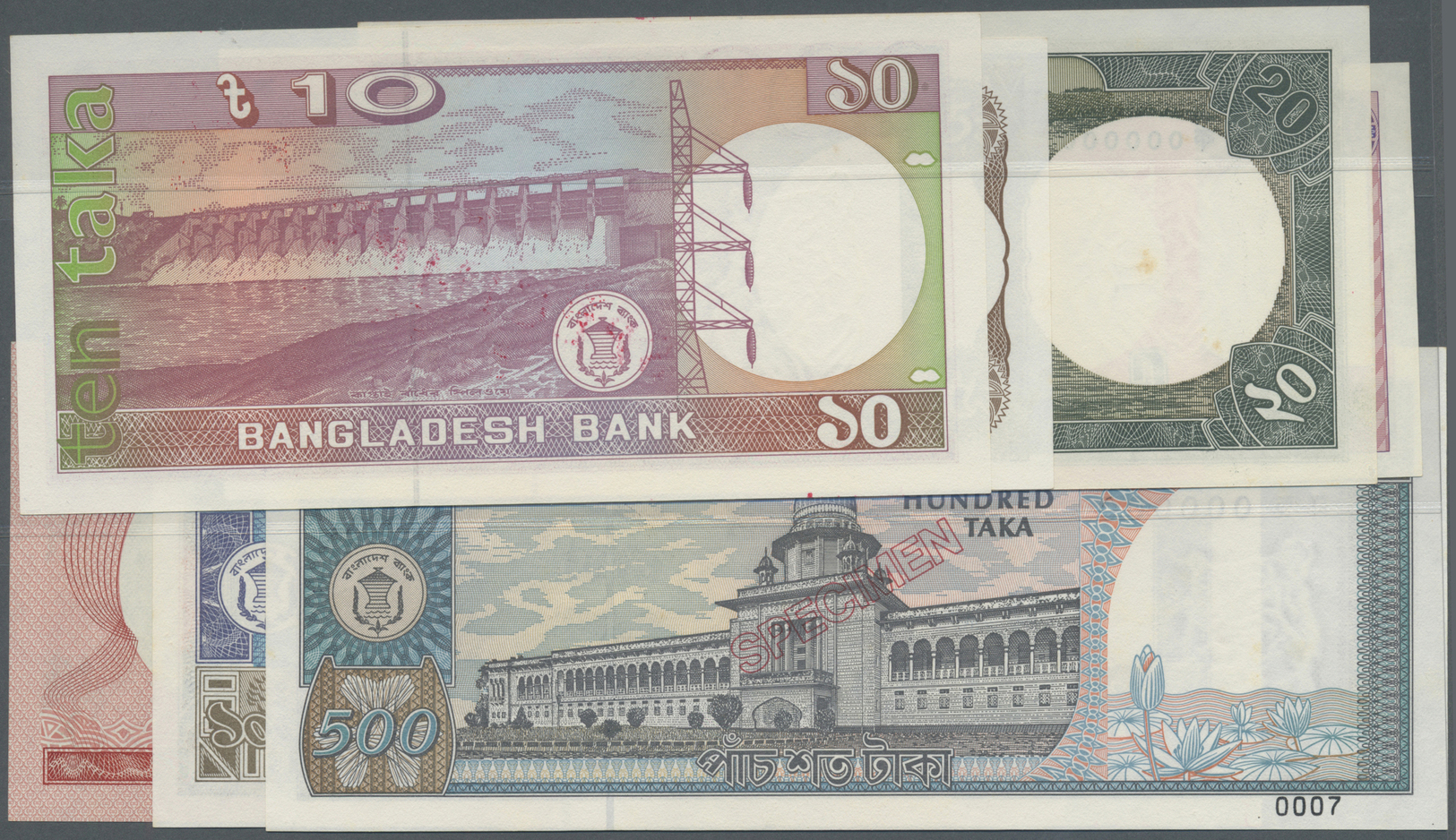 00238 Bangladesh: Set Of 8 Specimen Banknotes From 1 To 500 Taka Pick 6bs,6cs,25s-30s, The 1, 2, 5, 10 And 20 In UNC, Th - Bangladesh