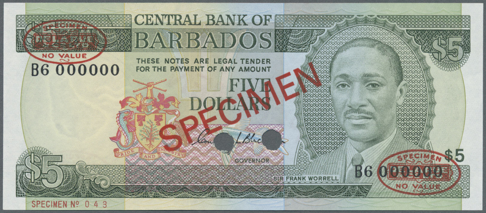 00243 Barbados: 5 Dollars 1973 Specimen P. 32s In Condition: UNC. - Barbados