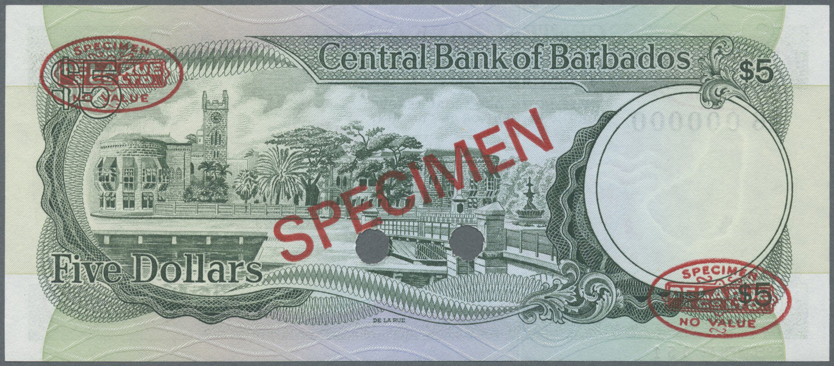 00244 Barbados: 5 Dollars ND (1975) Specimen P. 32s With Red "Specimen" Overprint In Center On Front And Back, Specimen - Barbados