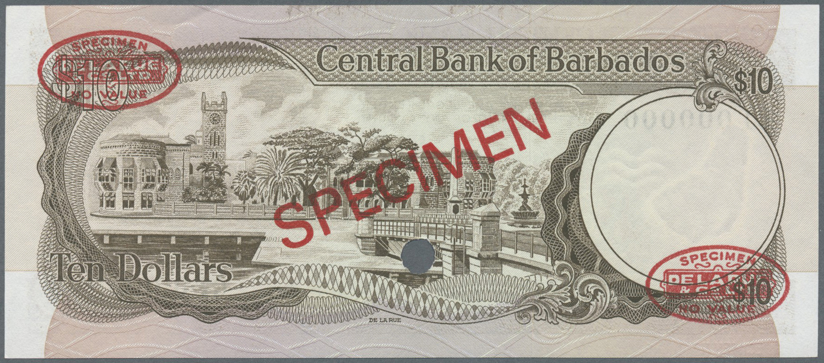 00245 Barbados: 10 Dollars ND (1973) Specimen P. 33s With Red "Specimen" Overprint In Center On Front And Back, Specimen - Barbados