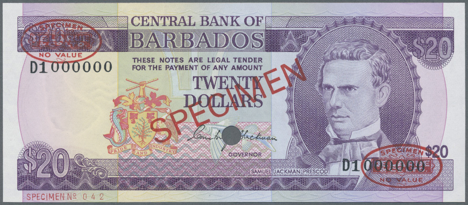 00248 Barbados: 20 Dollars ND (1973) Specimen P. 34s With Red "Specimen" Overprint In Center On Front And Back, Specimen - Barbados