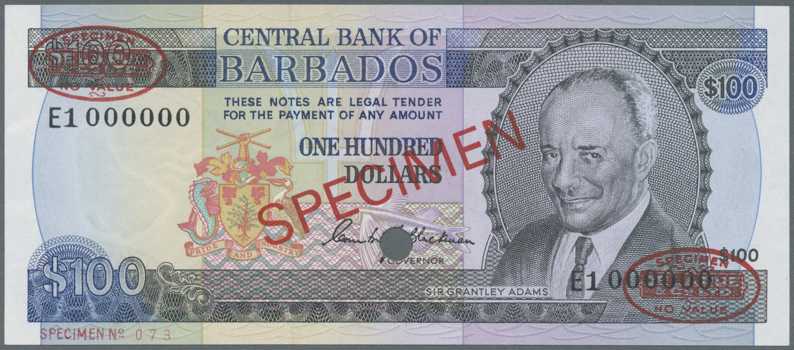 00249 Barbados: 100 Dollars ND (1973) Specimen P. 35s With Red "Specimen" Overprint In Center On Front And Back, Specime - Barbados