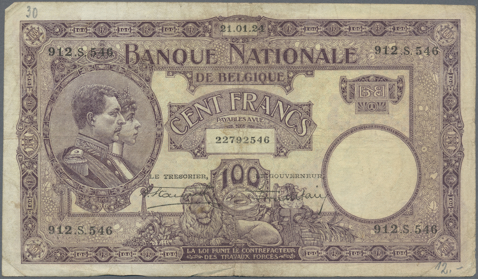 00280 Belgium / Belgien: set with 4 Banknotes 100 Francs 1924 and 1927, P.95 in almost well worn condition with stained