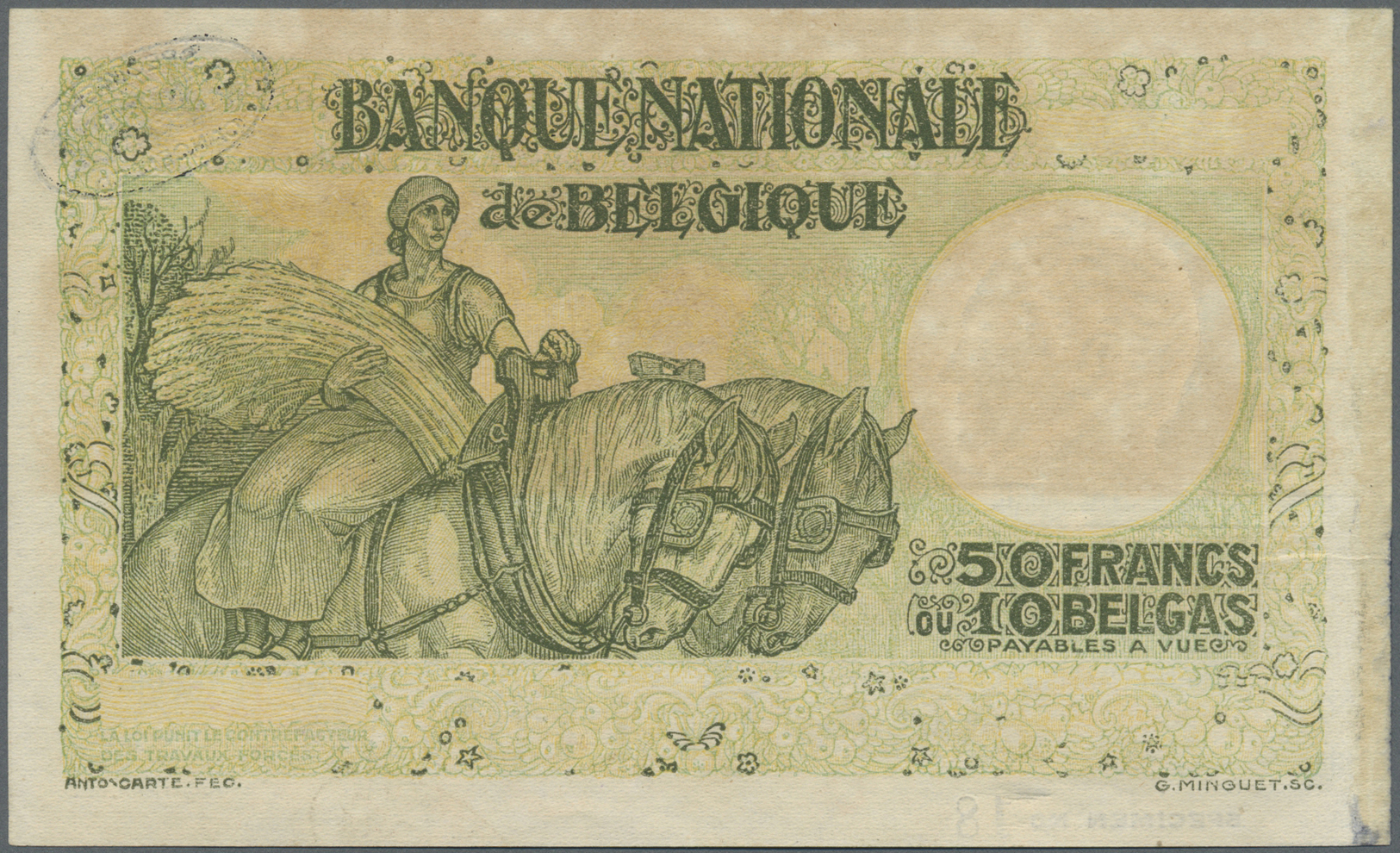 00281 Belgium / Belgien: 50 Francs = 10 Belgas ND(1945) Specimen P. 106s, Light Handling And Stain In Paper, Condition: - [ 1] …-1830 : Before Independence