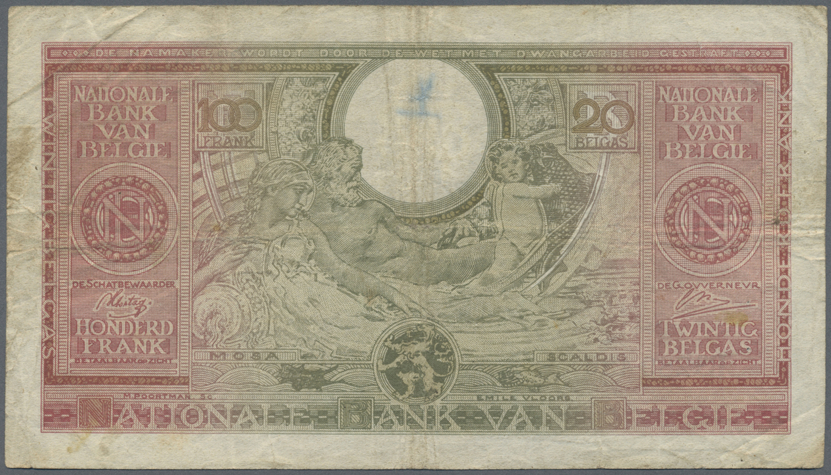 00282 Belgium / Belgien: 100 Francs = 20 Belgas 1943, P.123, Small Graffiti At Upper Center, Several Folds And Stained P - [ 1] …-1830 : Before Independence