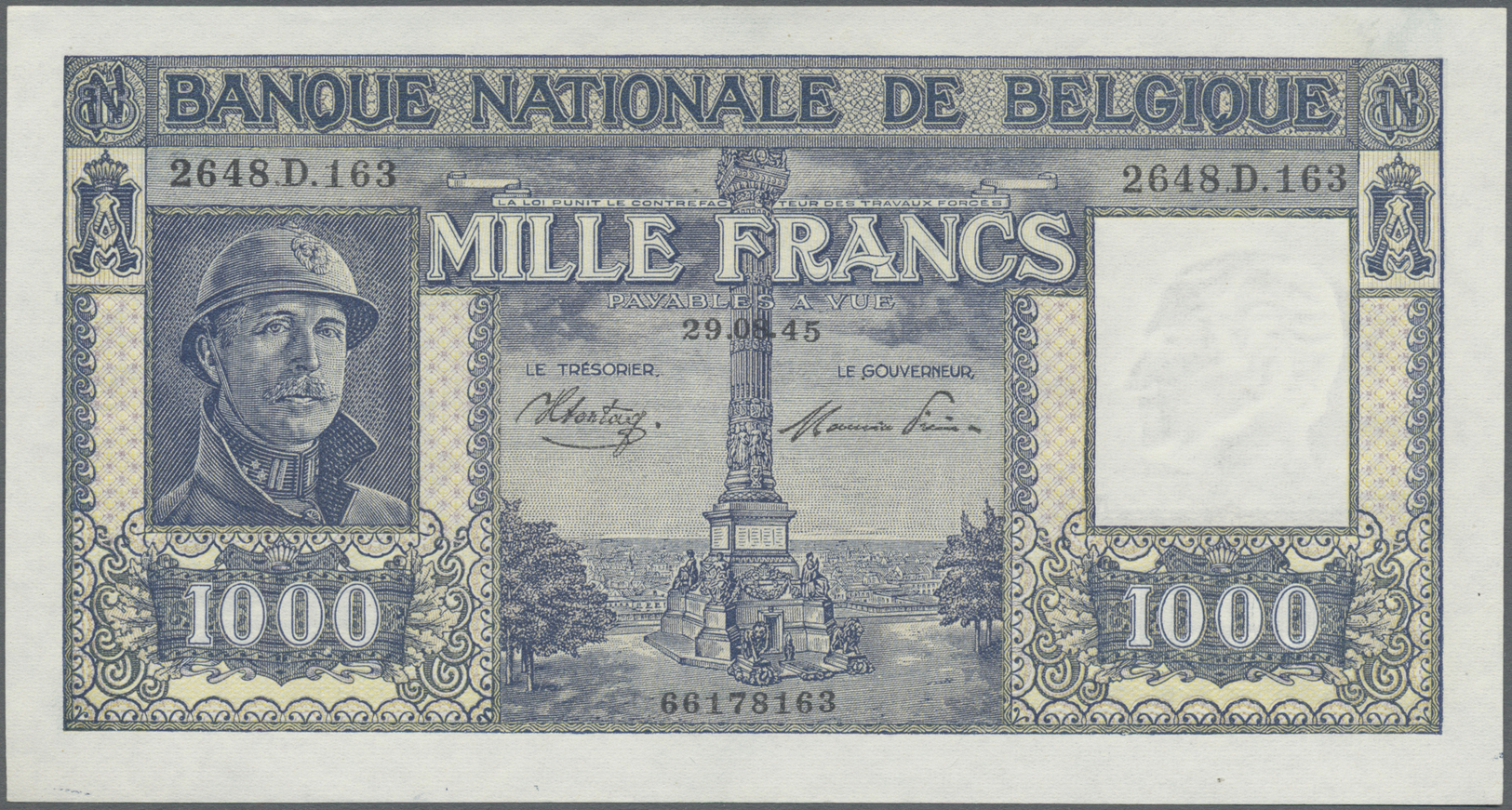 00283 Belgium / Belgien: 1000 Francs 1945 P. 128b, In Condition: AUNC. - [ 1] …-1830 : Before Independence