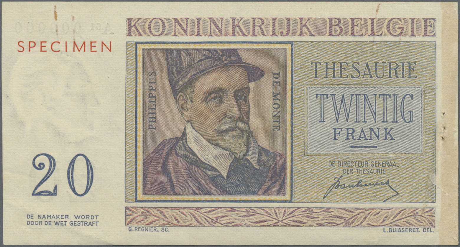 00285 Belgium / Belgien: 20 Francs 1950 Specimen P. 132as, A Rarely Seen Specimen Note With Red Overprint At Upper Right - [ 1] …-1830 : Before Independence