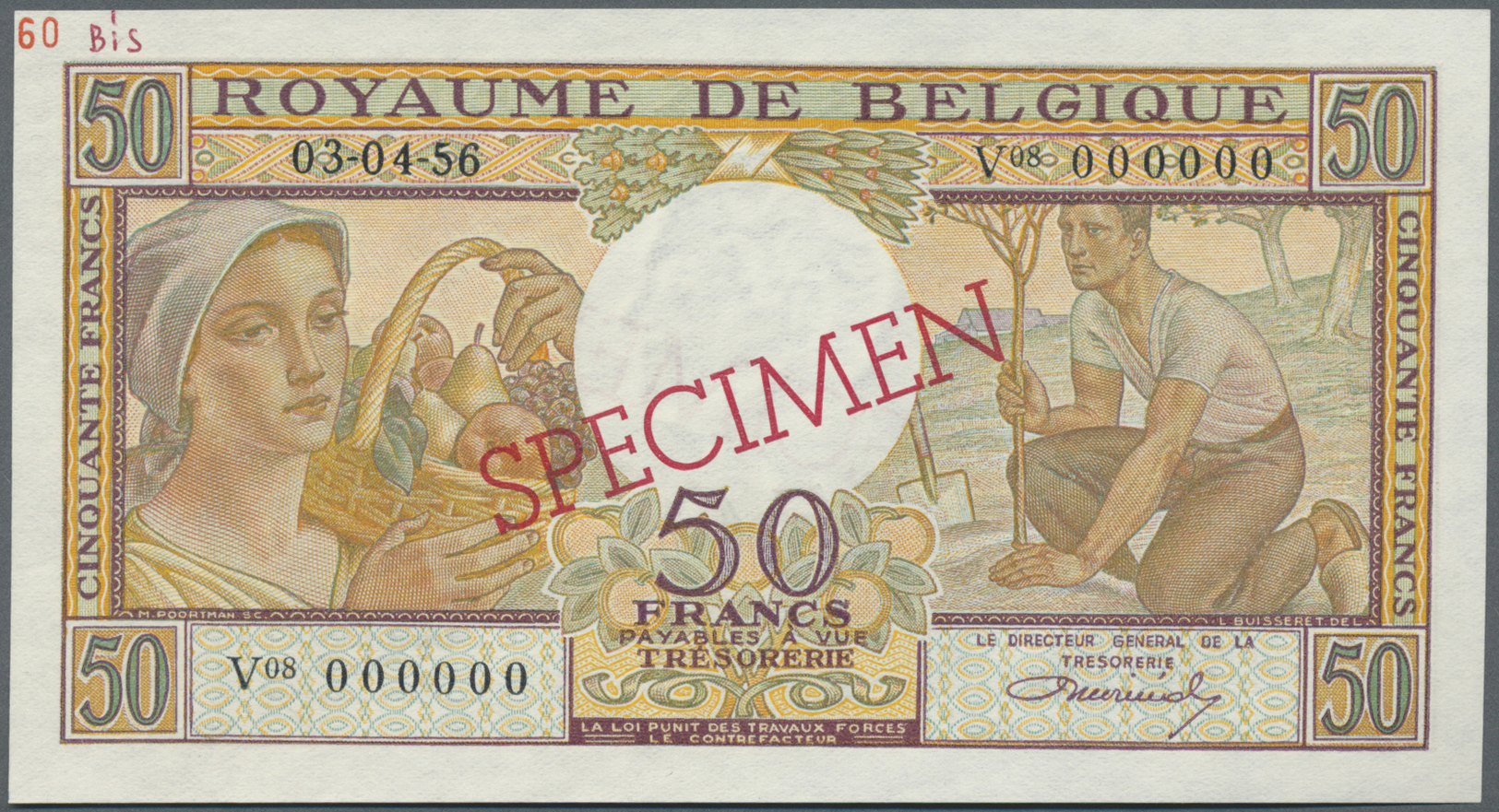 00286 Belgium / Belgien: 50 Francs 1956 Specimen P. 133Bs, Zero Serial Numbers, Red Specimen Overprint, Light Dints In P - [ 1] …-1830 : Before Independence