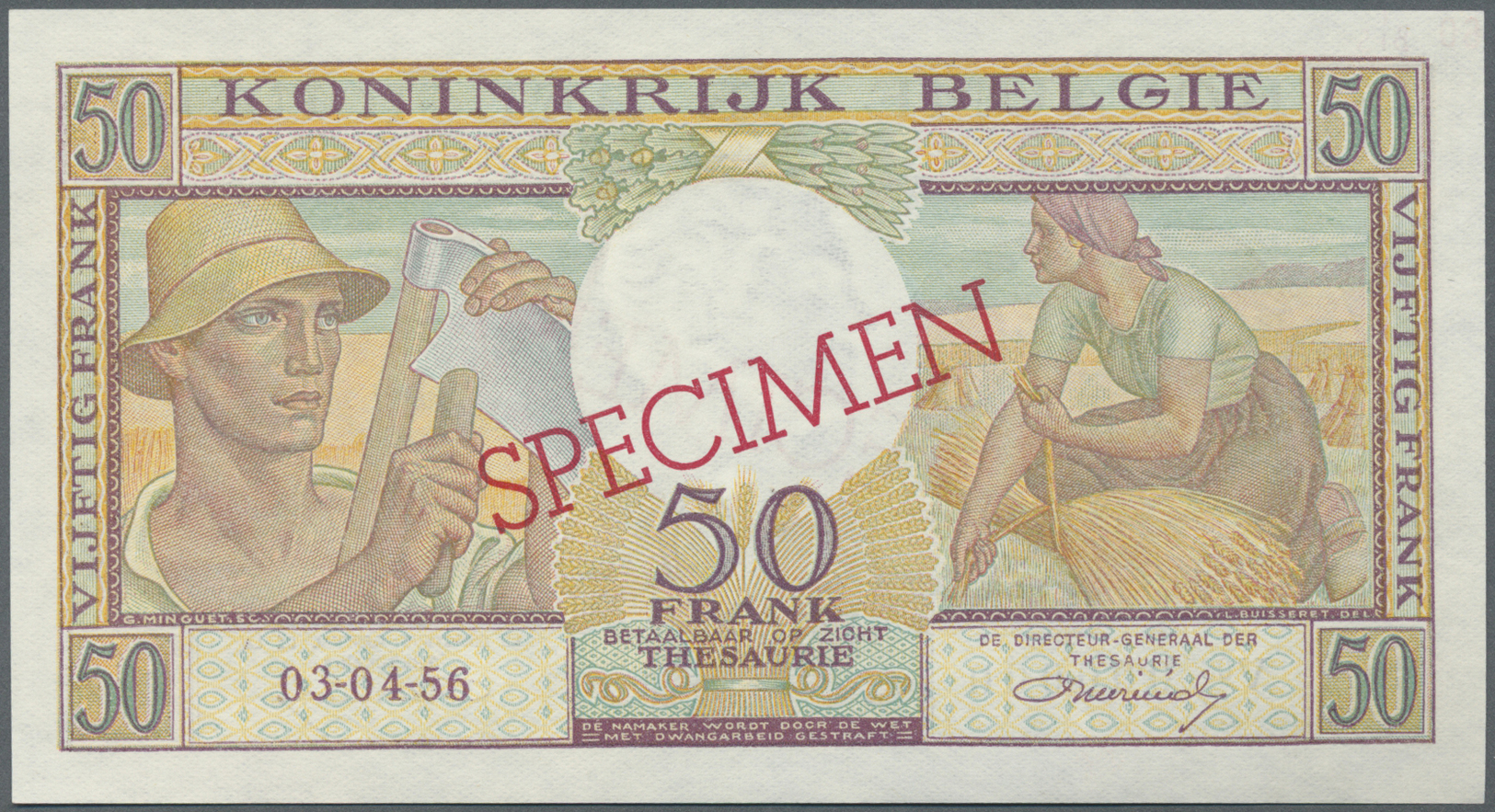 00286 Belgium / Belgien: 50 Francs 1956 Specimen P. 133Bs, Zero Serial Numbers, Red Specimen Overprint, Light Dints In P - [ 1] …-1830 : Before Independence