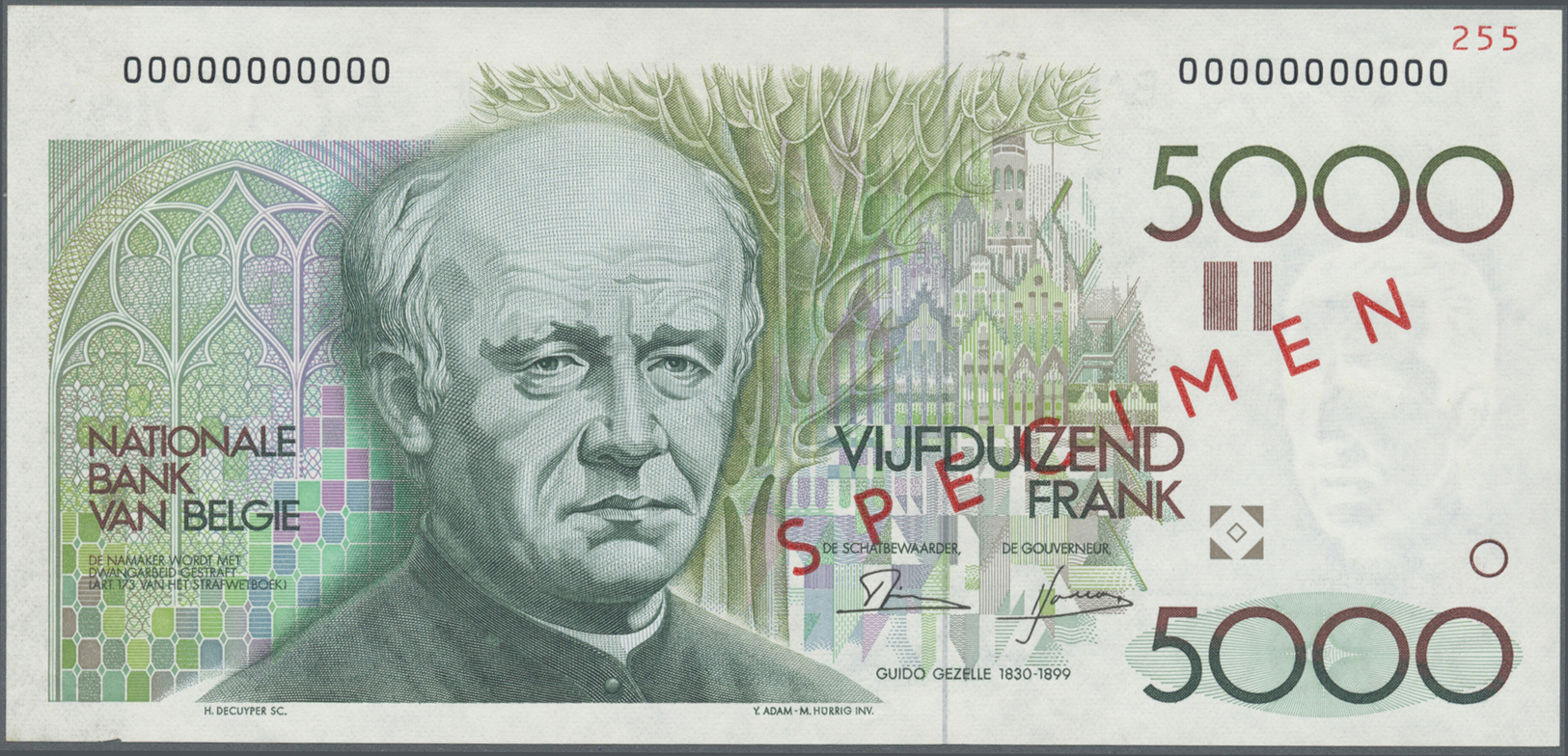00287 Belgium / Belgien: 5000 Francs ND(1982-97) Speicmen P. 145s, Zero Serial Numbers, Specimen Overprint, Glue Residua - [ 1] …-1830 : Before Independence