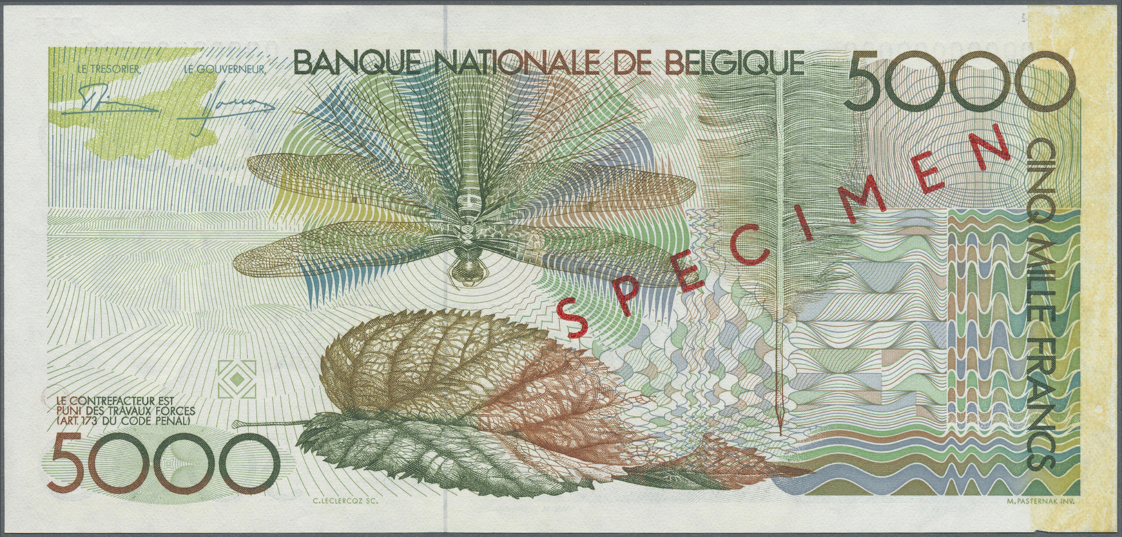 00287 Belgium / Belgien: 5000 Francs ND(1982-97) Speicmen P. 145s, Zero Serial Numbers, Specimen Overprint, Glue Residua - [ 1] …-1830 : Before Independence
