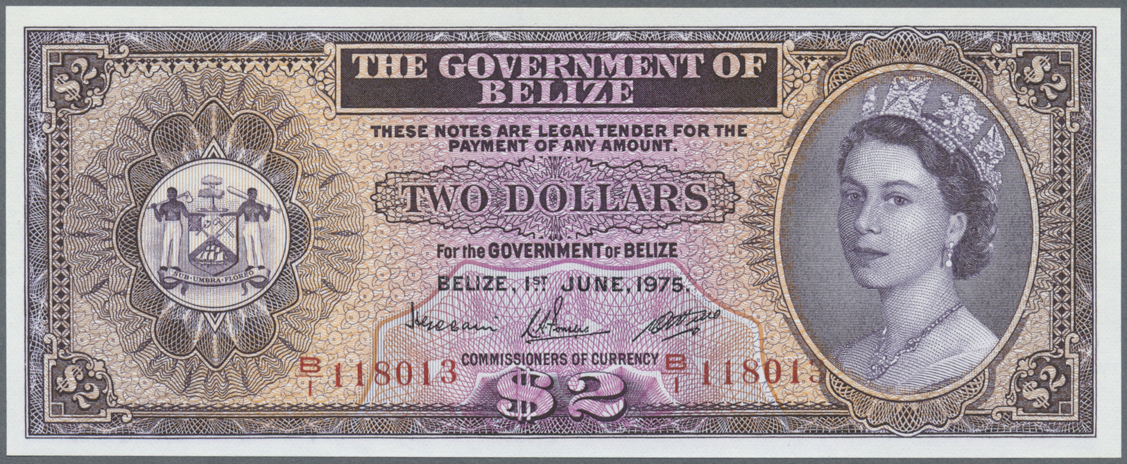 00288 Belize: 2 Dollars 1975 P. 34b, 2 Pinholes At Right, Otherwise Perfect, Condition: AUNC. - Belize