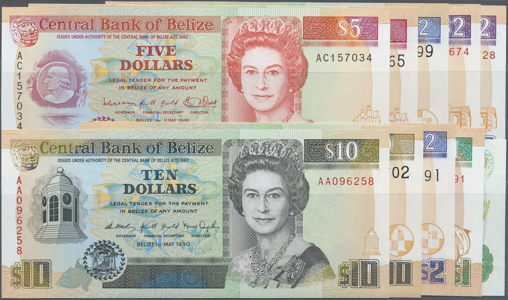 00296 Belize: Set Of 10 Notes Containing 1 Dollar 1983, 1 Dollar 1990, 4x 2 Dollars 1991, 1990, 1999 And 2007, 2x 5 Doll - Belize