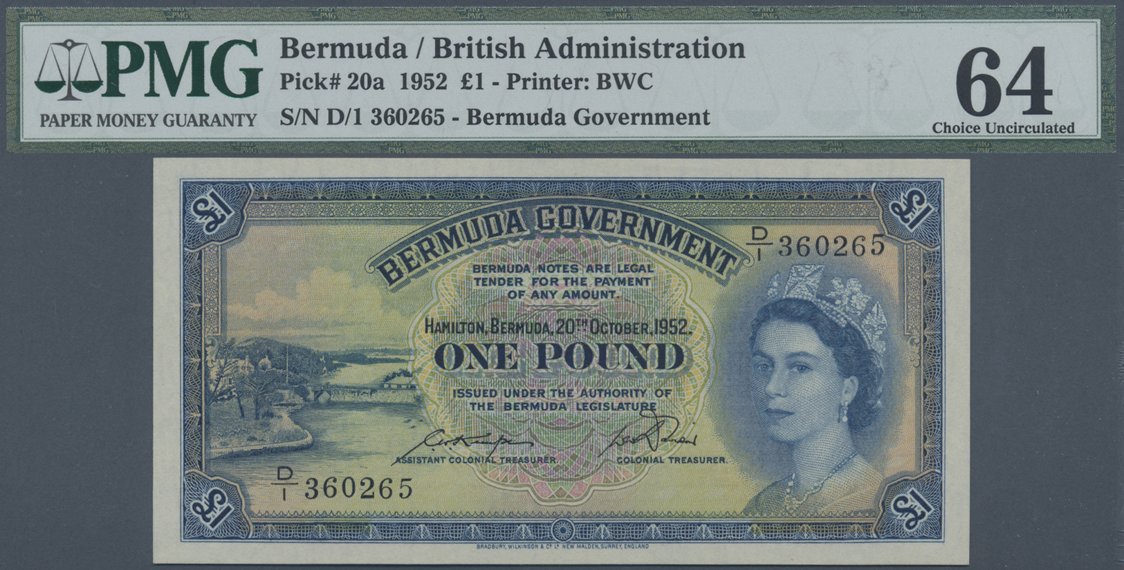 00298 Bermuda: 1 Pound 1952 P. 20a, PMG Graded 64 Choice UNC. - Bermudas