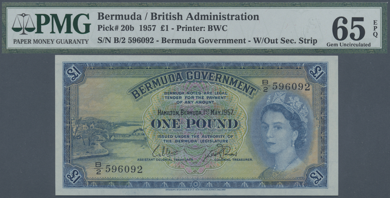00299 Bermuda: 1 Pound 1957 P. 20b, PMG Graded 65 Gem UNC EPQ. - Bermudas