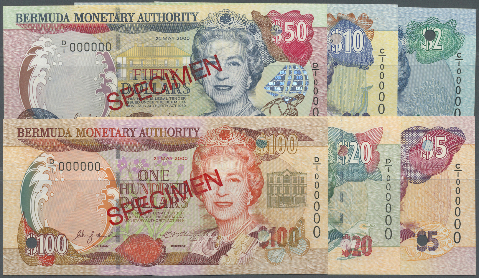 00310 Bermuda: Set Of 6 Specimen Notes Containing 2,5,10,20,50 And 100 Dollars 2000 P. 50s-55s In Condition: UNC. (6 Pcs - Bermudas