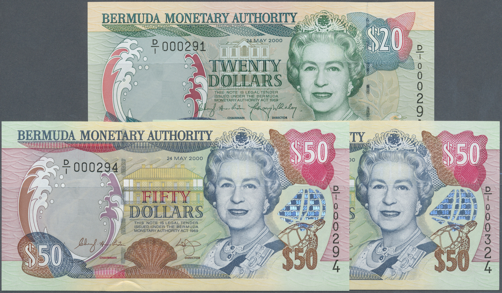 00311 Bermuda: Set Of 3 Notes Containing 20 Dollars 2000 And 2x 50 Dollars 2000 P. 53, 54, All In Condition: UNC. (3 Pcs - Bermudas