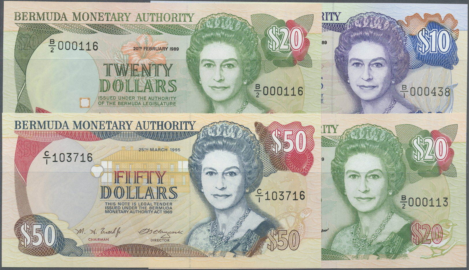 00316 Bermuda: Set Of 4 Notes Containing 10 Dollars 1989, 2x 20 Dollars 1989 With Low Serial Numbers #000116 And 000113, - Bermudas