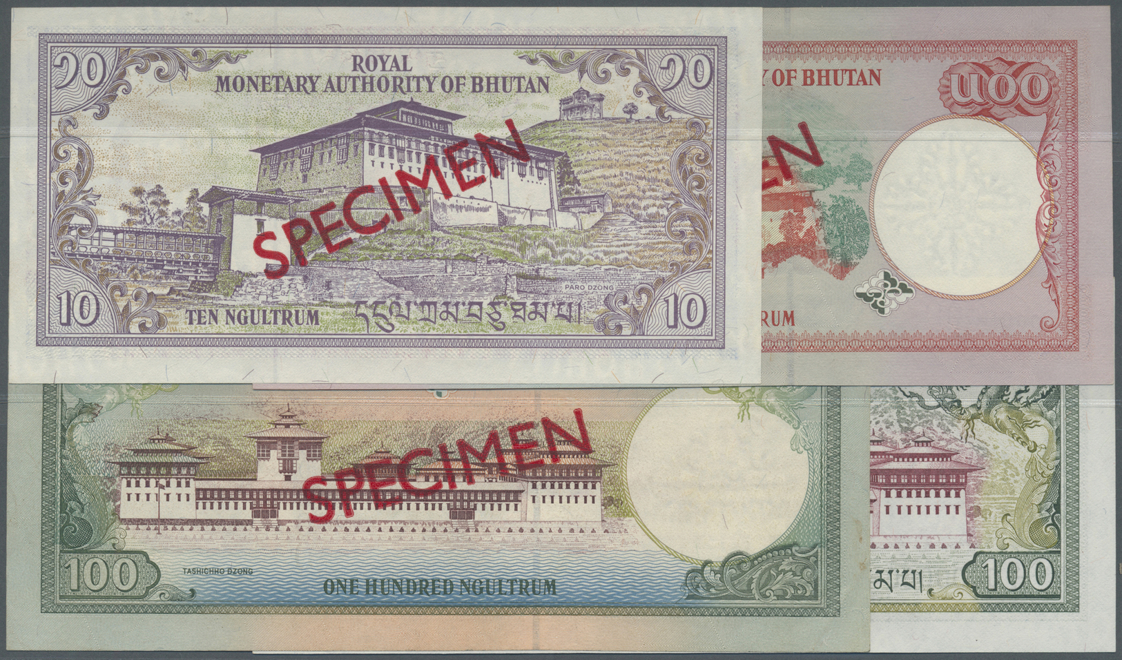 00318 Bhutan: Set Of 4 Specimen Notes Containing 10, 2x 100 And 500 Ngultrum P. 18s, 26s, 22s, 25s, The 100 Ngultrum P. - Bhutan