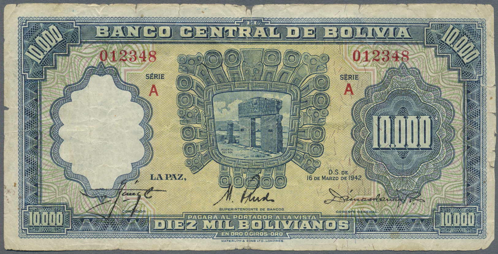 00322 Bolivia / Bolivien: 10.000 Bolivianos 1942 P. 137, Ised With Folds, Stronger Center Fold, Border Tears, Center Hol - Bolivia